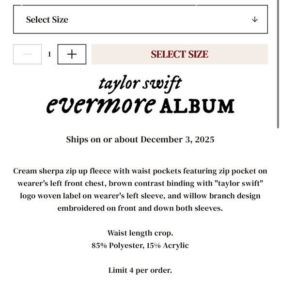 Taylor Swift Evermore Life Is A Willow Zip Up Sherpa Fleece Jacket Small - Picture 4 of 4